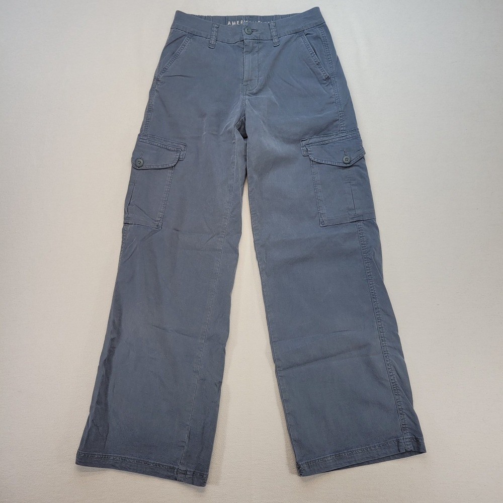 American Eagle Pants Womens 00 Blue Gray Cargo Baggy Wide Leg Mid Rise